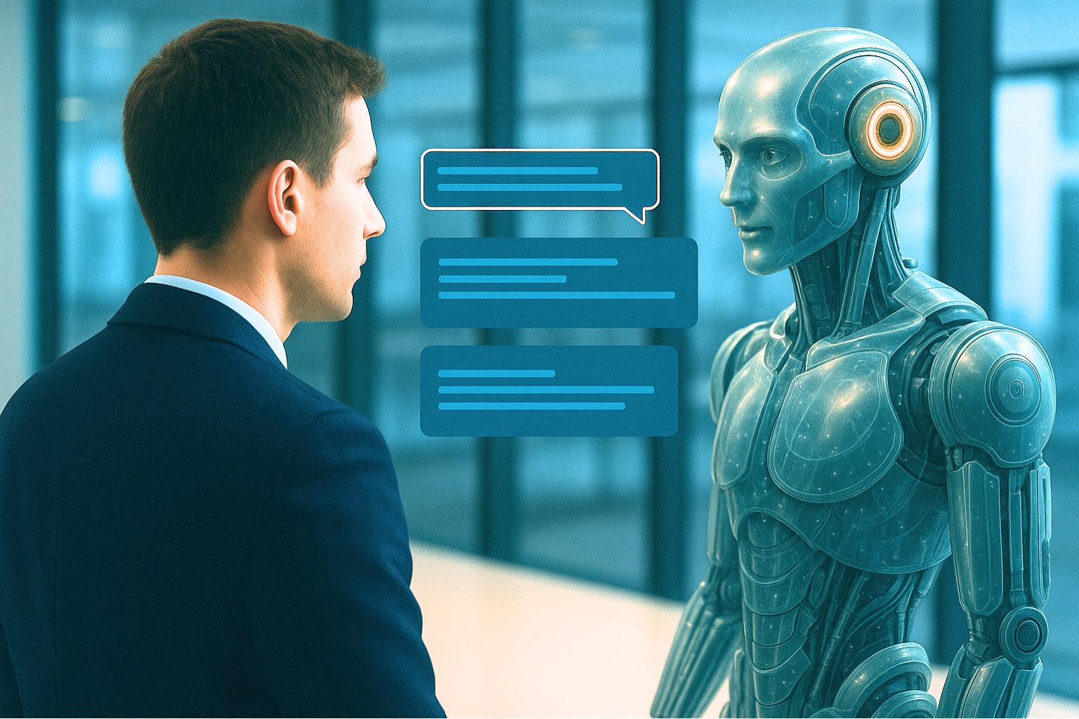 Geschäftsmann im Gespräch mit humanoidem Roboter im modernen Büro