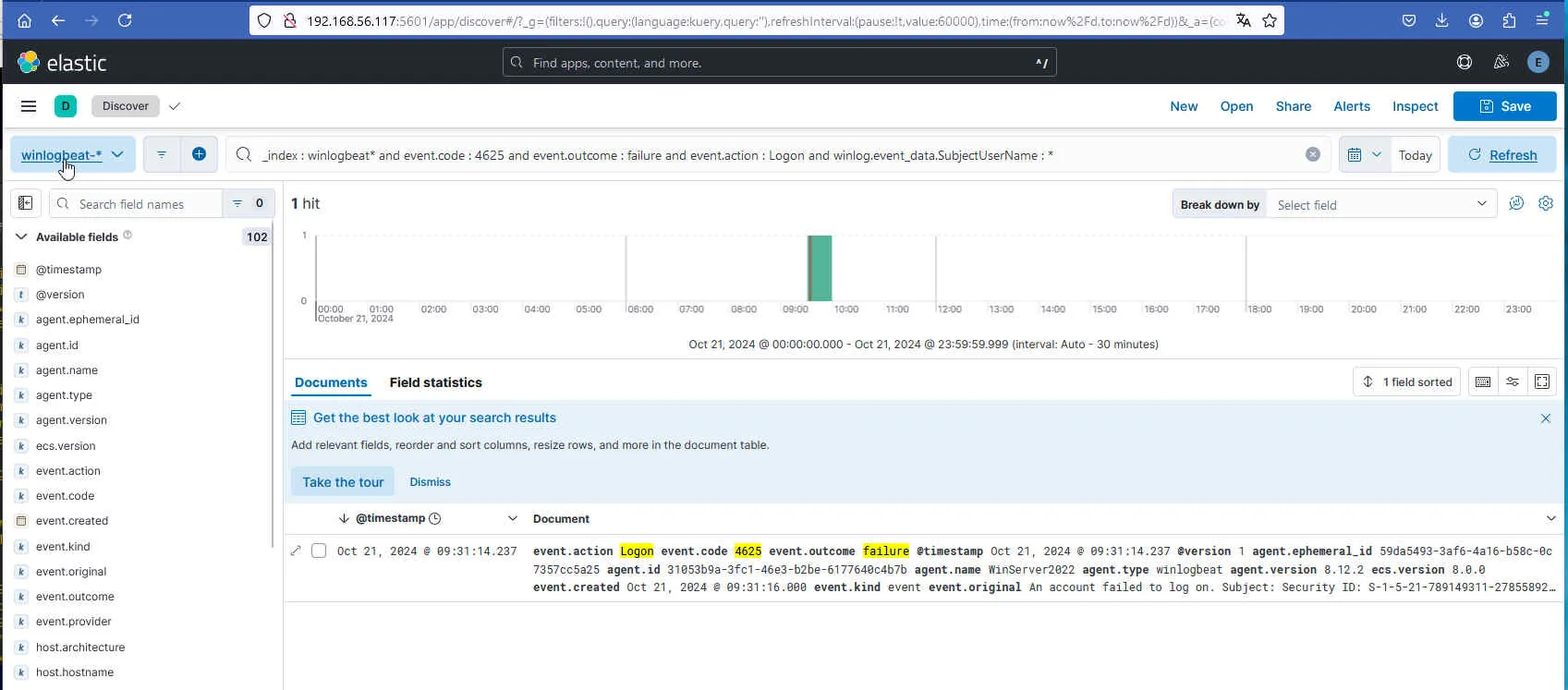 Kibana Discover mit fehlgeschlagenem Logon