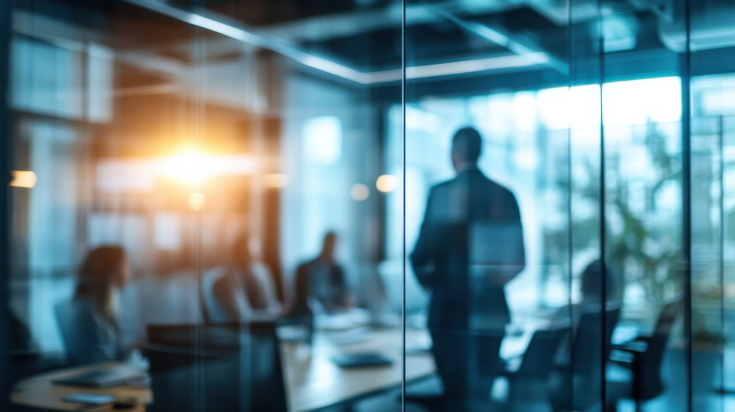 Geschäftsleute in modernem Büro mit Glaswänden und Stadtblick