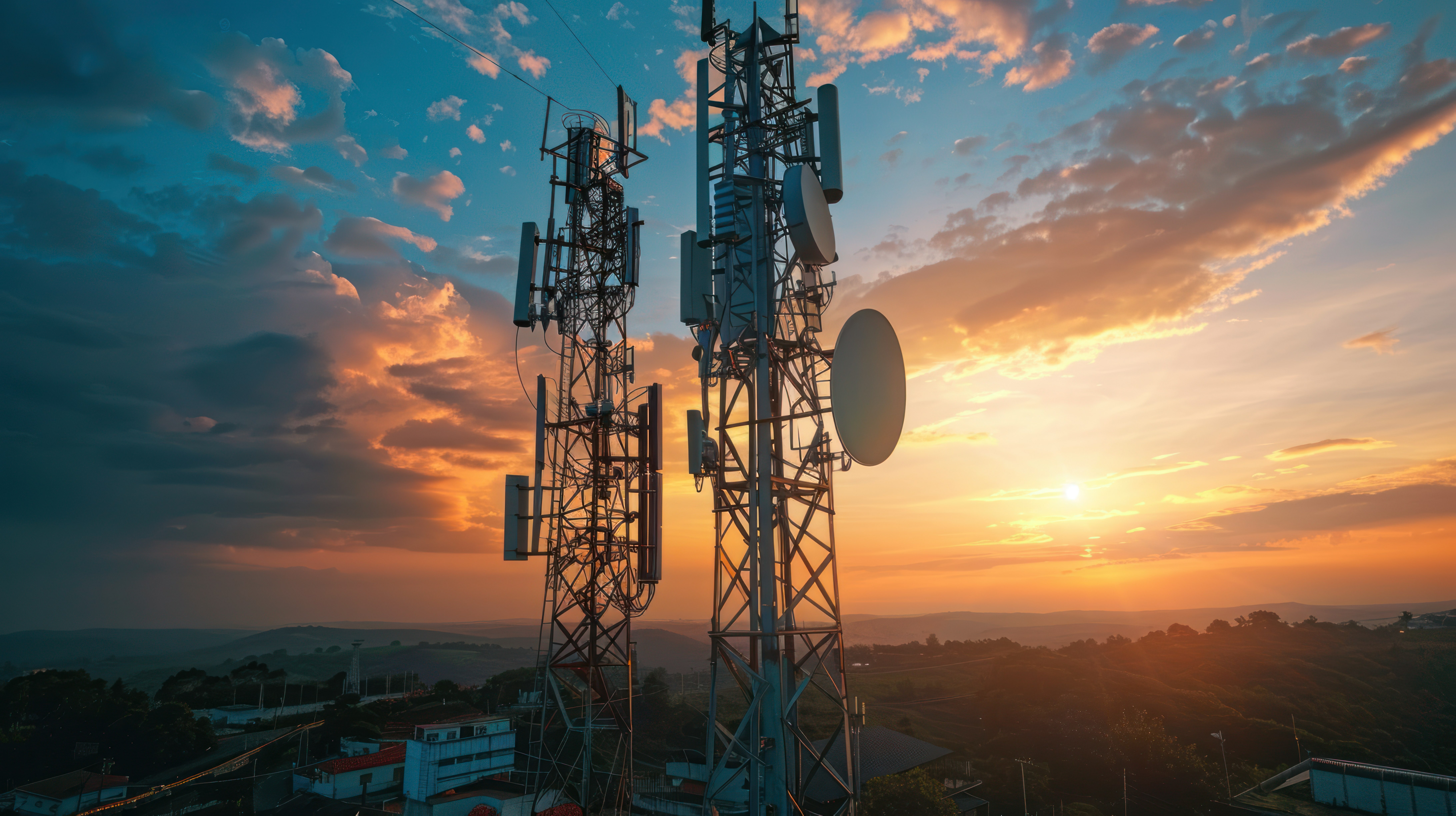 Mobilfunkmasten bei Sonnenuntergang mit Landschaftspanorama im Hintergrund