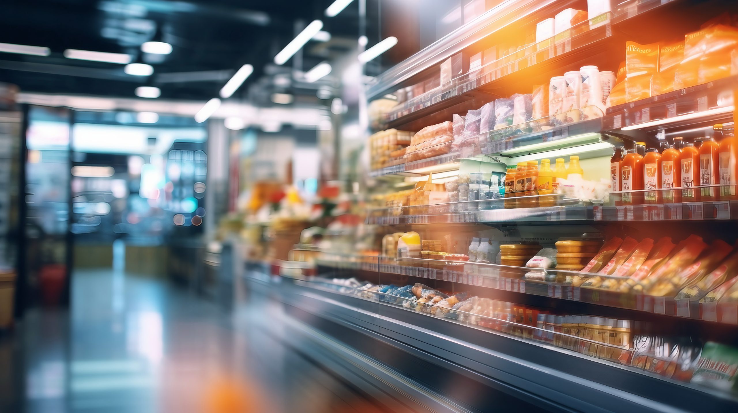 Gefüllte Kühlregale in modernem Supermarkt mit Beleuchtung