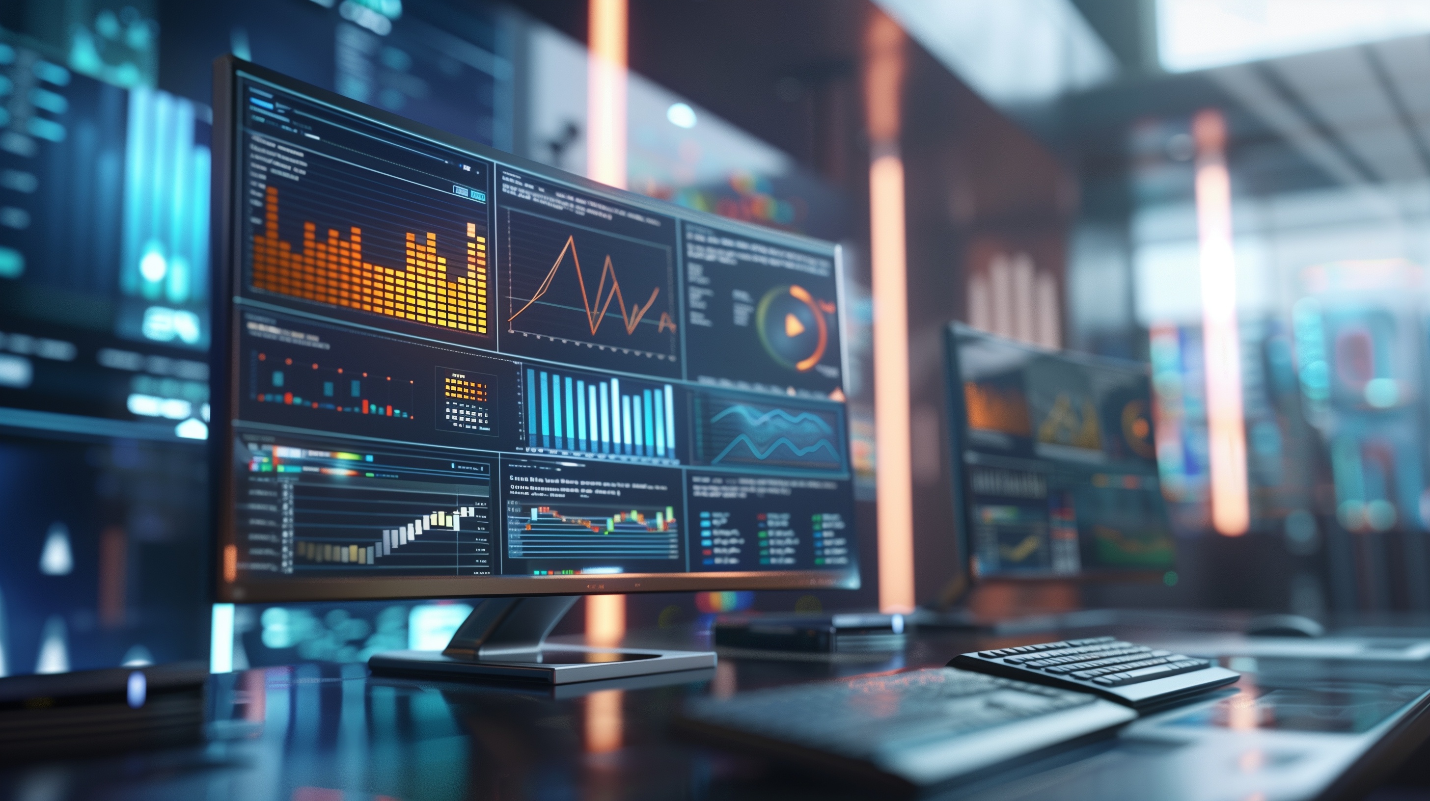 Moderner Arbeitsplatz mit Monitoring-Displays und Datenvisualisierungen