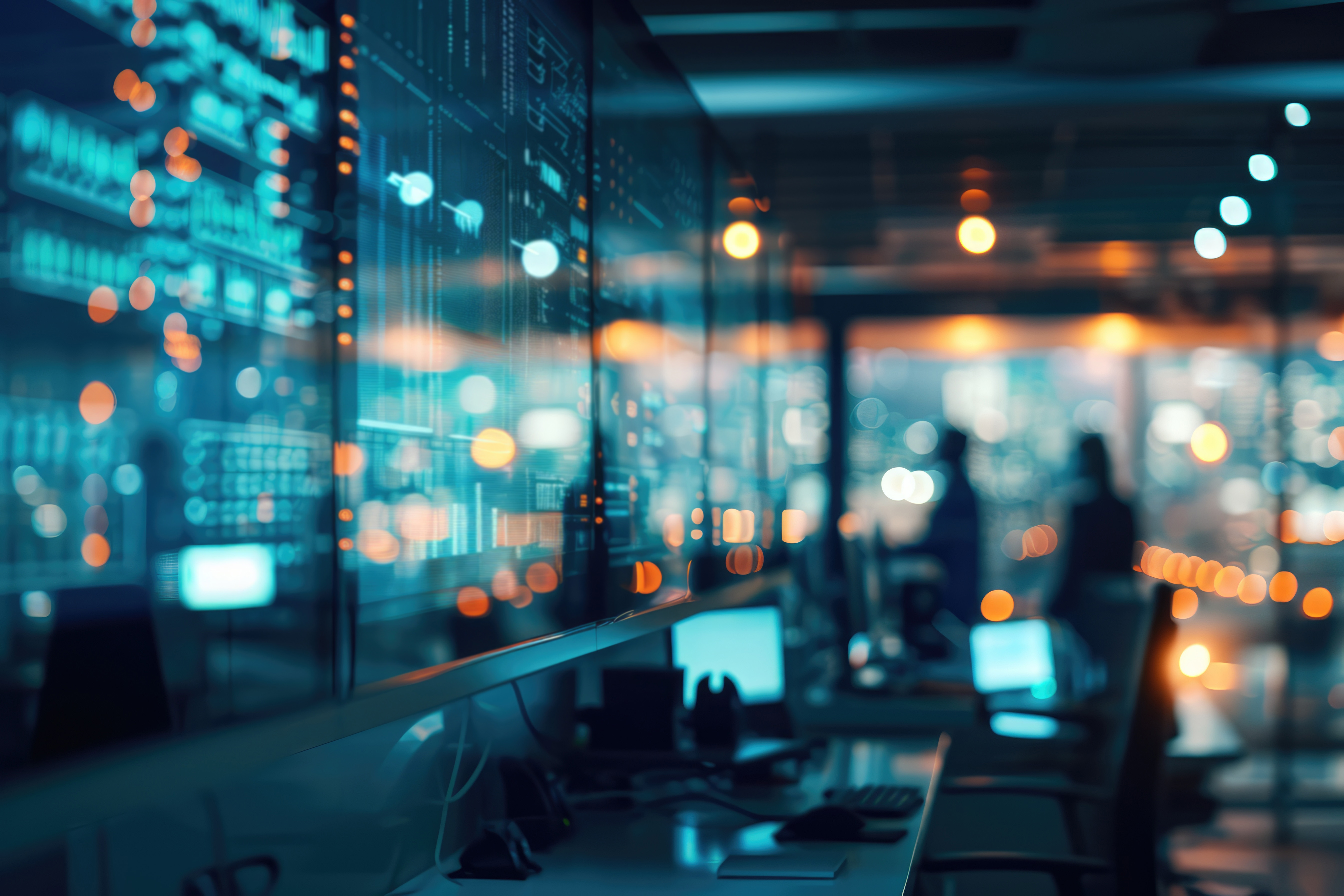 Modernes Büro bei Nacht mit Computern und Lichtern