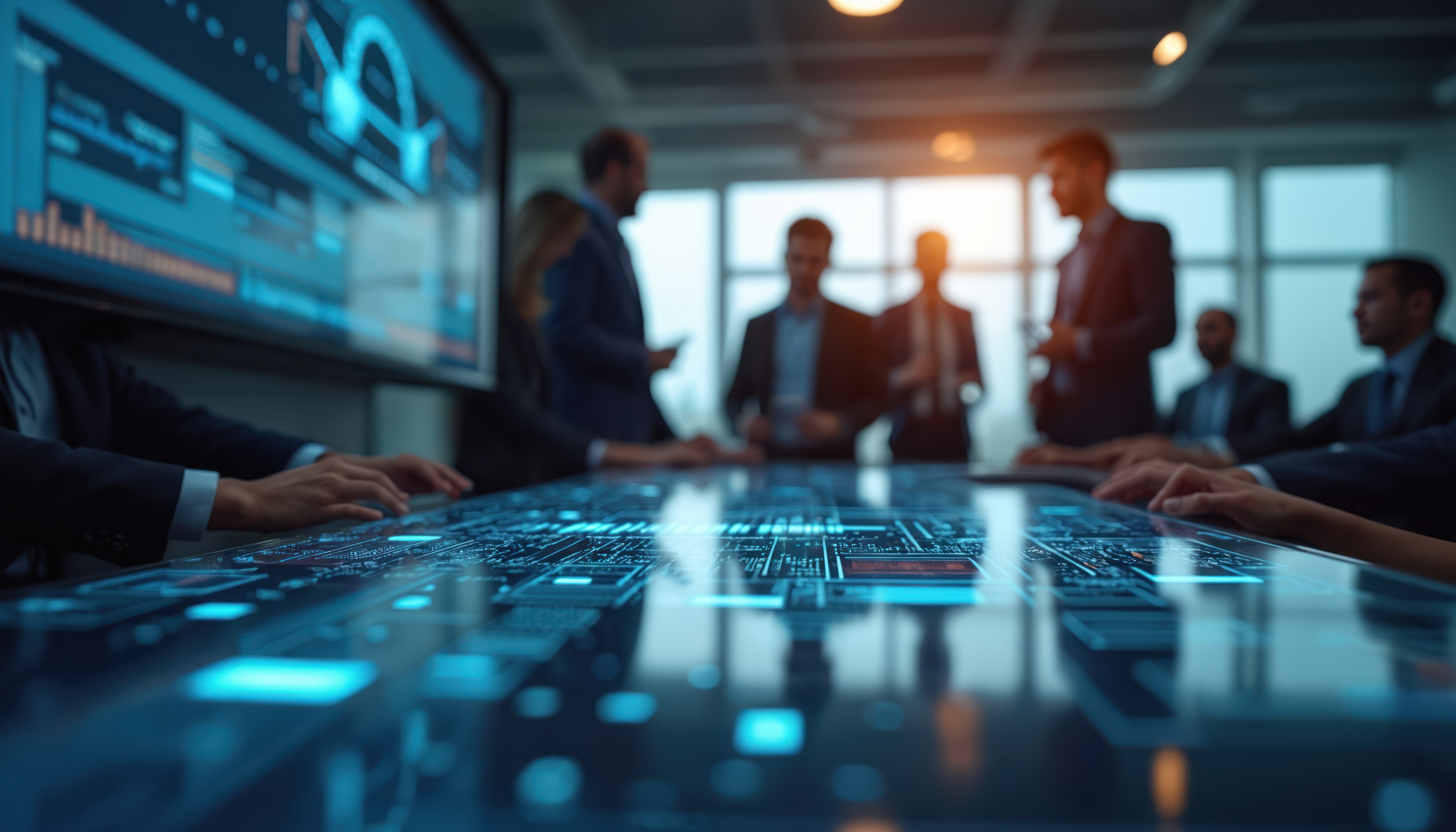 Team analysing digital data and technology in a modern office