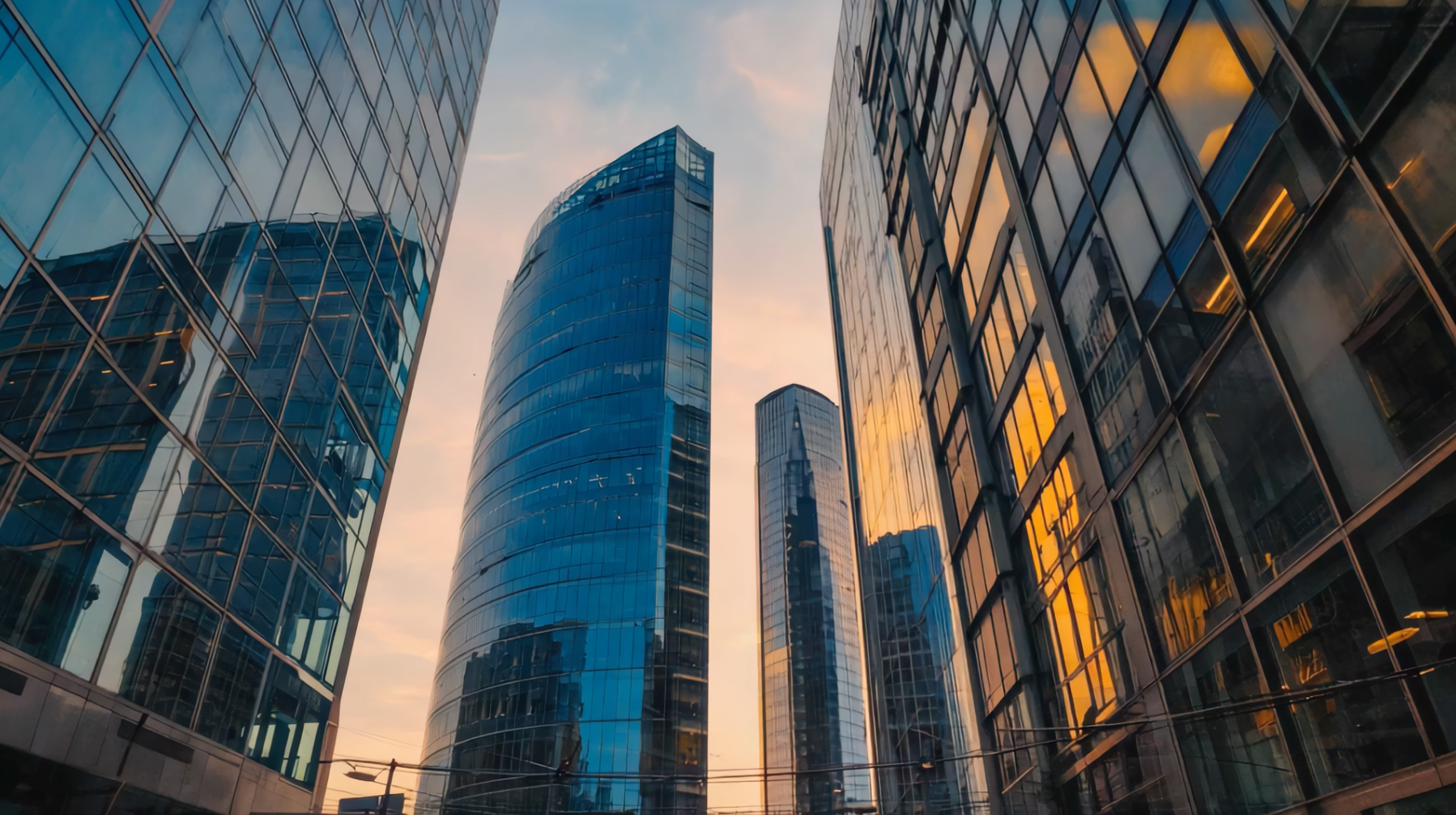 Moderne Glasfassaden von Bürogebäuden in der Abenddämmerung