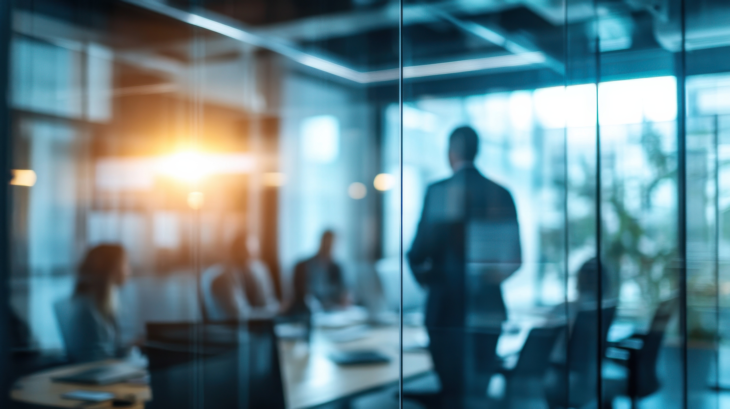 Geschäftsteam in modernem Büro mit Glaswänden und Stadtblick